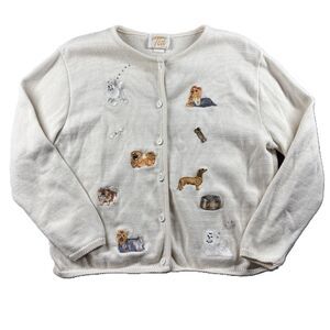 Tia Women Cardigan Sweater Vintage Embroidered Jeweled Dogs USA Ivory XL P243